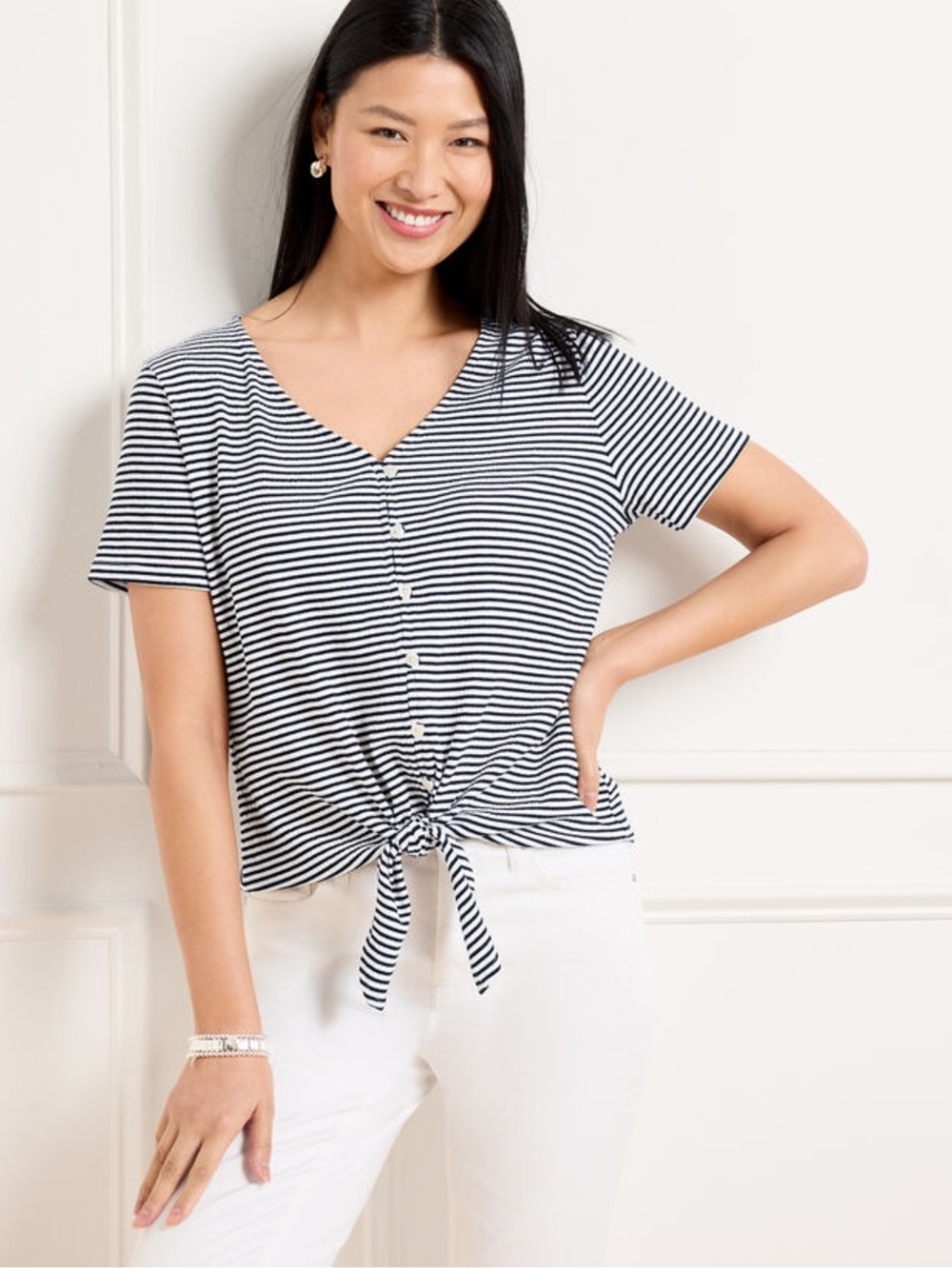 Talbots V-Neck Button Tie-Front Textured Top - Black & White Azalea Stripe 2X